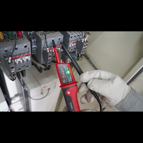 UNI-T Multifunction Voltage Tester displaying accurate voltage readings with LCD, designed for electricians with waterproof and lightweight features.