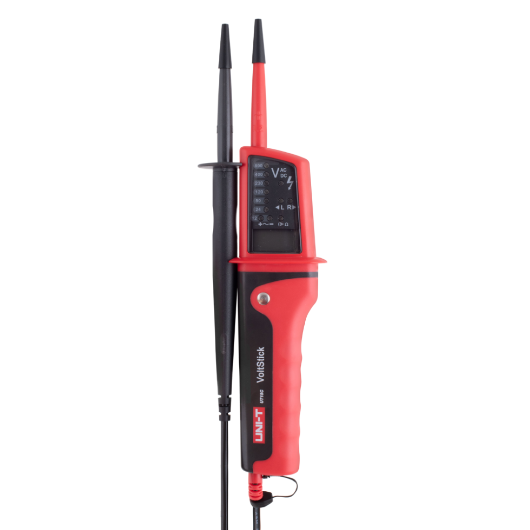 Red and gray UNI-T Multifunction Voltage Tester, featuring LCD display, single probe measurement, continuity test, and waterproof design.