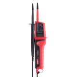 Red and gray UNI-T Multifunction Voltage Tester, featuring LCD display, single probe measurement, continuity test, and waterproof design.