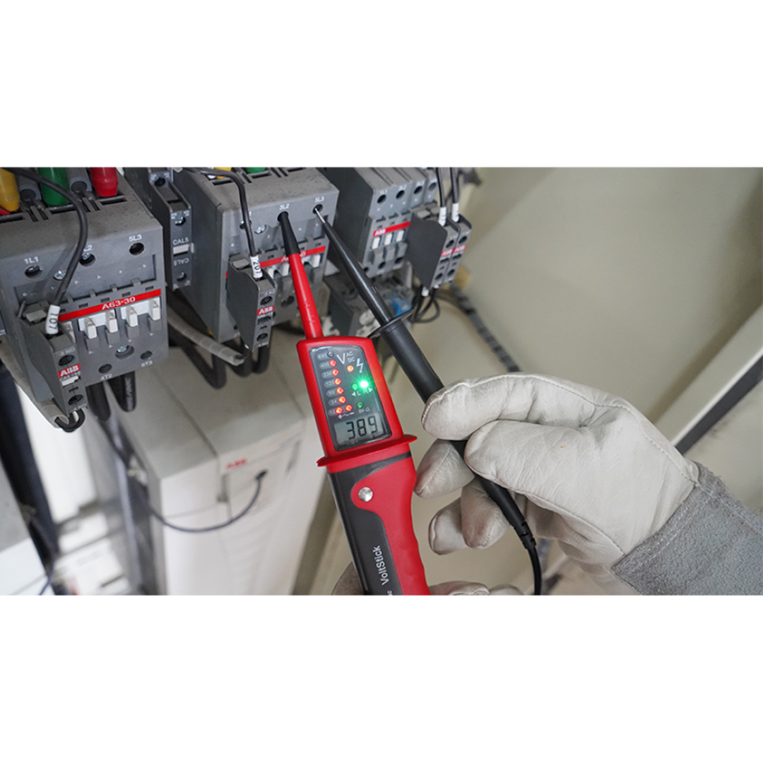 Image of the UNI-T Multifunction Voltage Tester, showing its LCD display, single probe, and waterproof design for precise electrical testing.