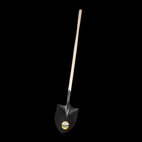 STANWAY Round Mouth Shovel with Long Hickory Handle, featuring a wide steel head and sturdy hickory for efficient digging and landscaping tasks.