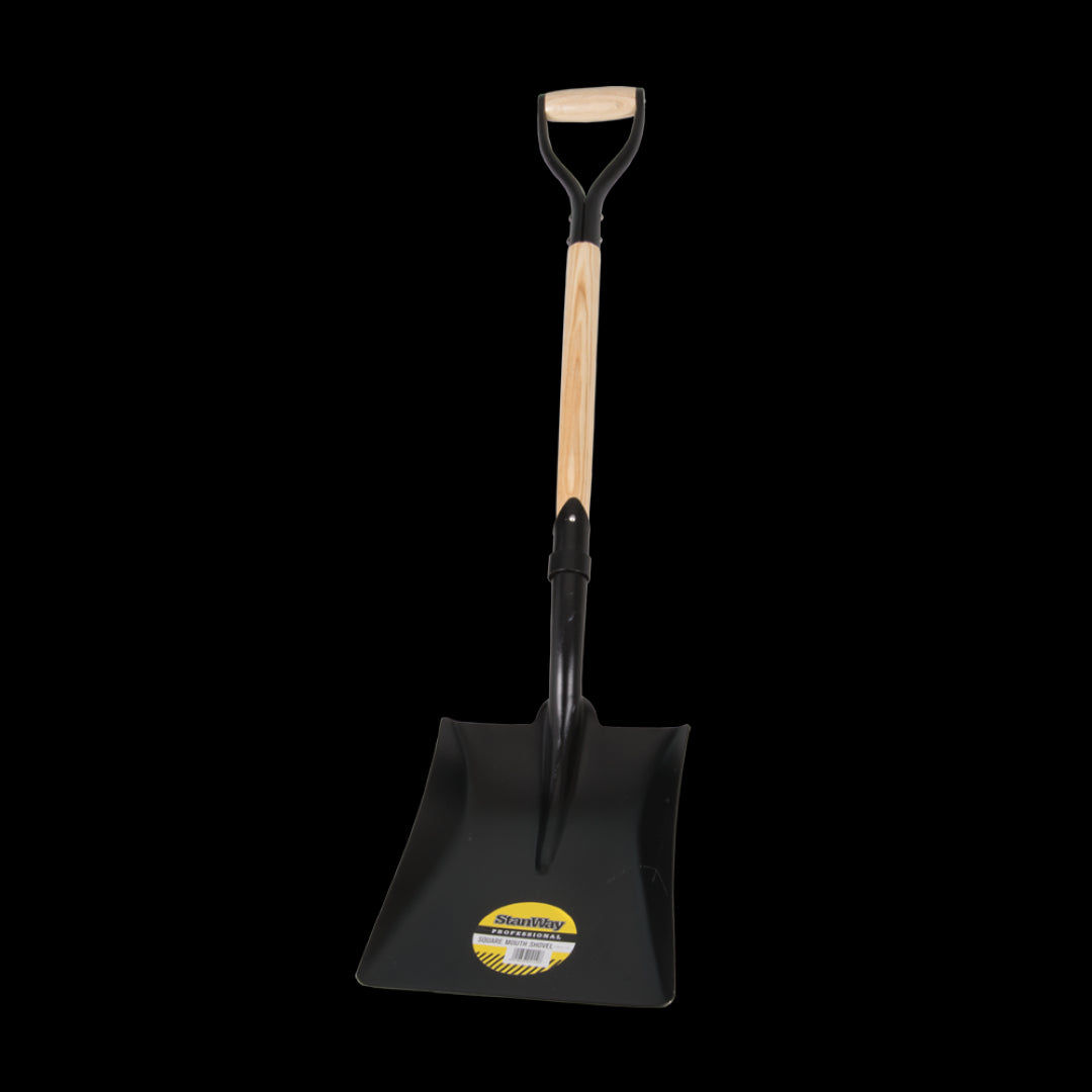 STANWAY Square Mouth Shovel with hickory D-handle, durable steel head for easy scooping in tight spaces, ergonomic design reduces fatigue.