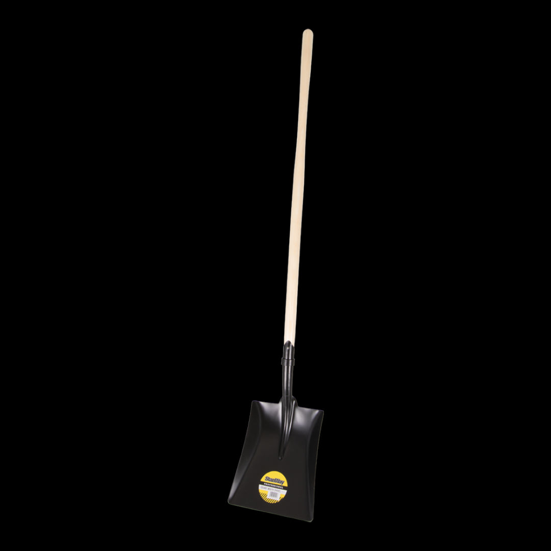 STANWAY square mouth shovel with long hickory handle, featuring durable steel head and ergonomic grip for efficient material handling.