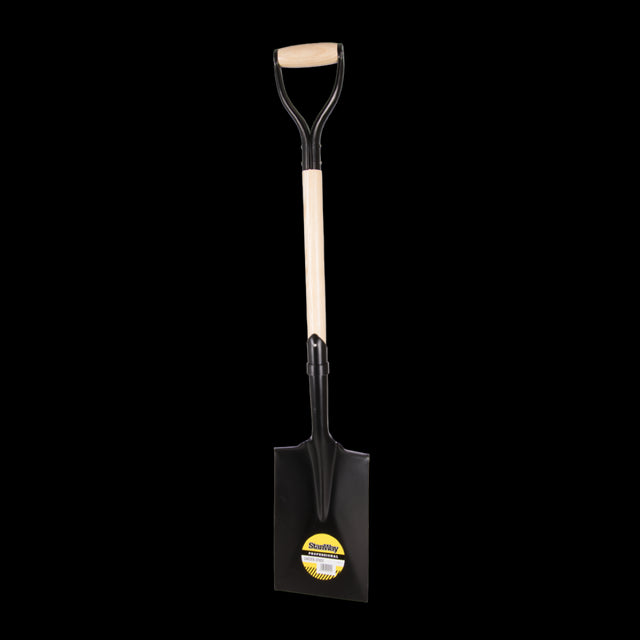 STANWAY Square Mouth Spade with Hickory D-Handle, featuring a robust steel head and ergonomic grip for efficient digging tasks.