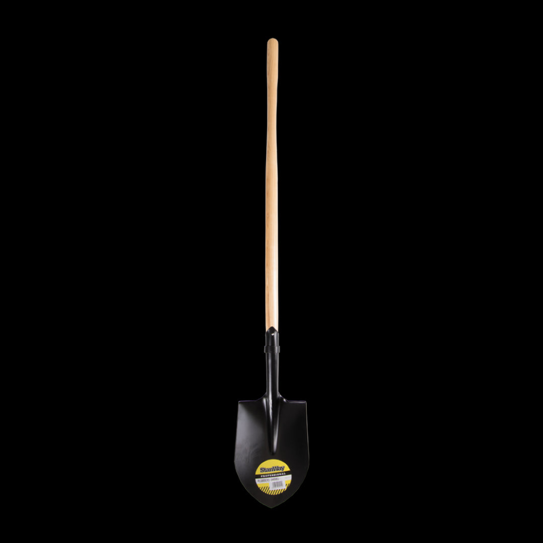 STANWAY Plumbers Shovel featuring a long hickory handle and pointed head for efficient digging in tough materials.