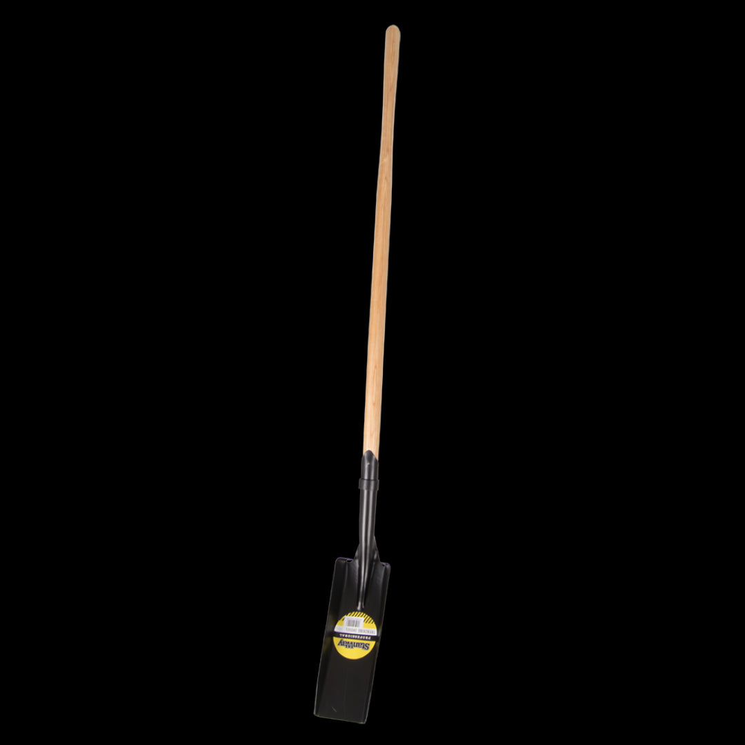 STANWAY trenching shovel featuring a long hickory handle and narrow steel head, ideal for precise trench digging with ease.