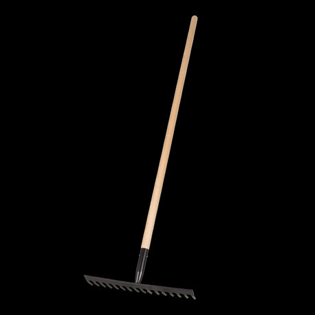 STANWAY Contractors Rake with long hickory handle and 16 angled teeth, designed for heavy-duty landscaping and gardening tasks.