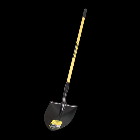 STANWAY Round Mouth Shovel with long fiberglass handle, featuring a steel blade for efficient digging and heavy load transport.