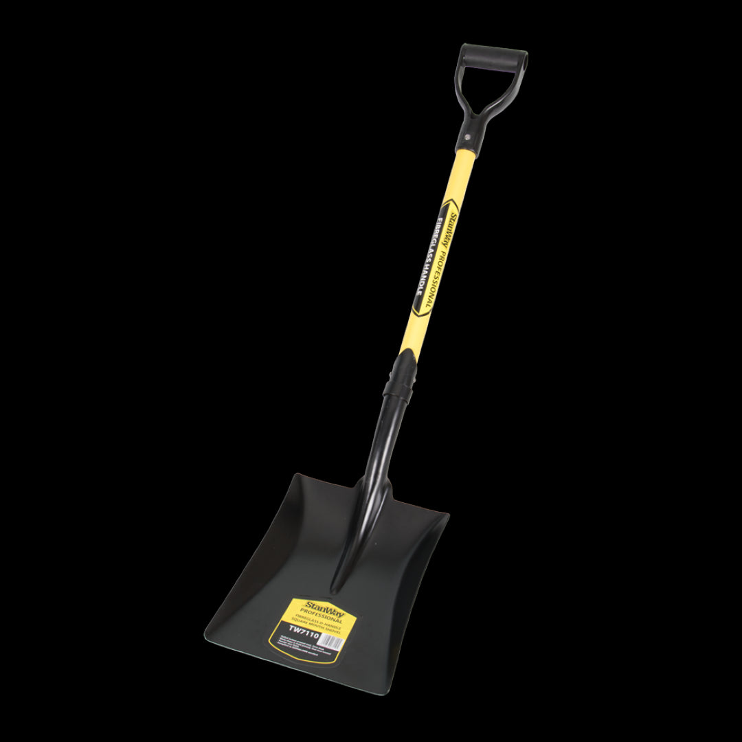 STANWAY Square Mouth Shovel with Fibreglass D-Handle, designed for efficient material movement with ergonomic grip and durable steel head.