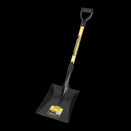 STANWAY Square Mouth Shovel with Fibreglass D-Handle, designed for efficient material movement with ergonomic grip and durable steel head.