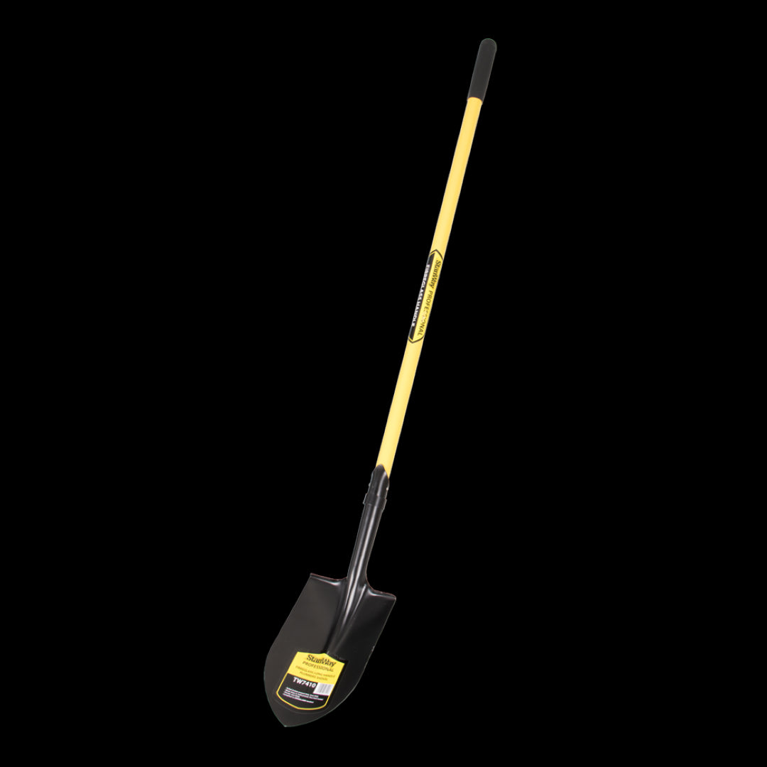 STANWAY Plumbers Shovel with long fibreglass handle, featuring a pointed steel blade and narrow design for precision plumbing tasks.