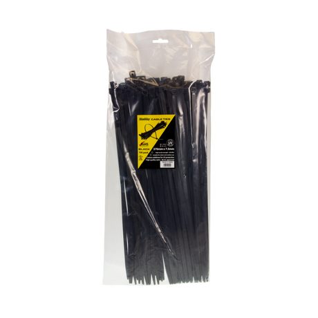 STANWAY UV Black Cable Ties, 370mm x 7.5mm, heavy-duty, 100-pack, ideal for organizing cables, tools, and equipment indoors/outdoors.