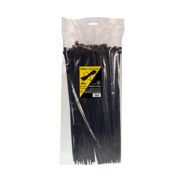 STANWAY UV Black Cable Ties, 370mm x 7.5mm, heavy-duty, 100-pack, ideal for organizing cables, tools, and equipment indoors/outdoors.