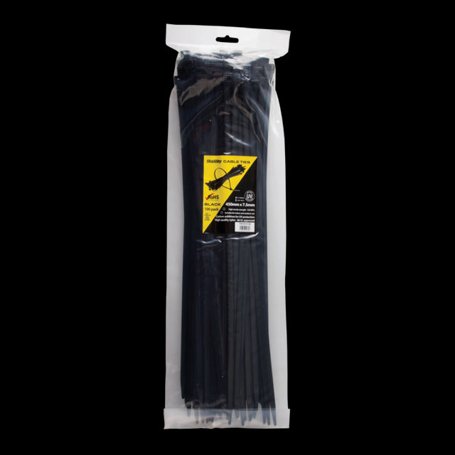 STANWAY Light Heavy Duty UV Black Cable Ties, 450mm x 7.5mm, durable nylon, 100 pack, for indoor/outdoor bundling and organizing.