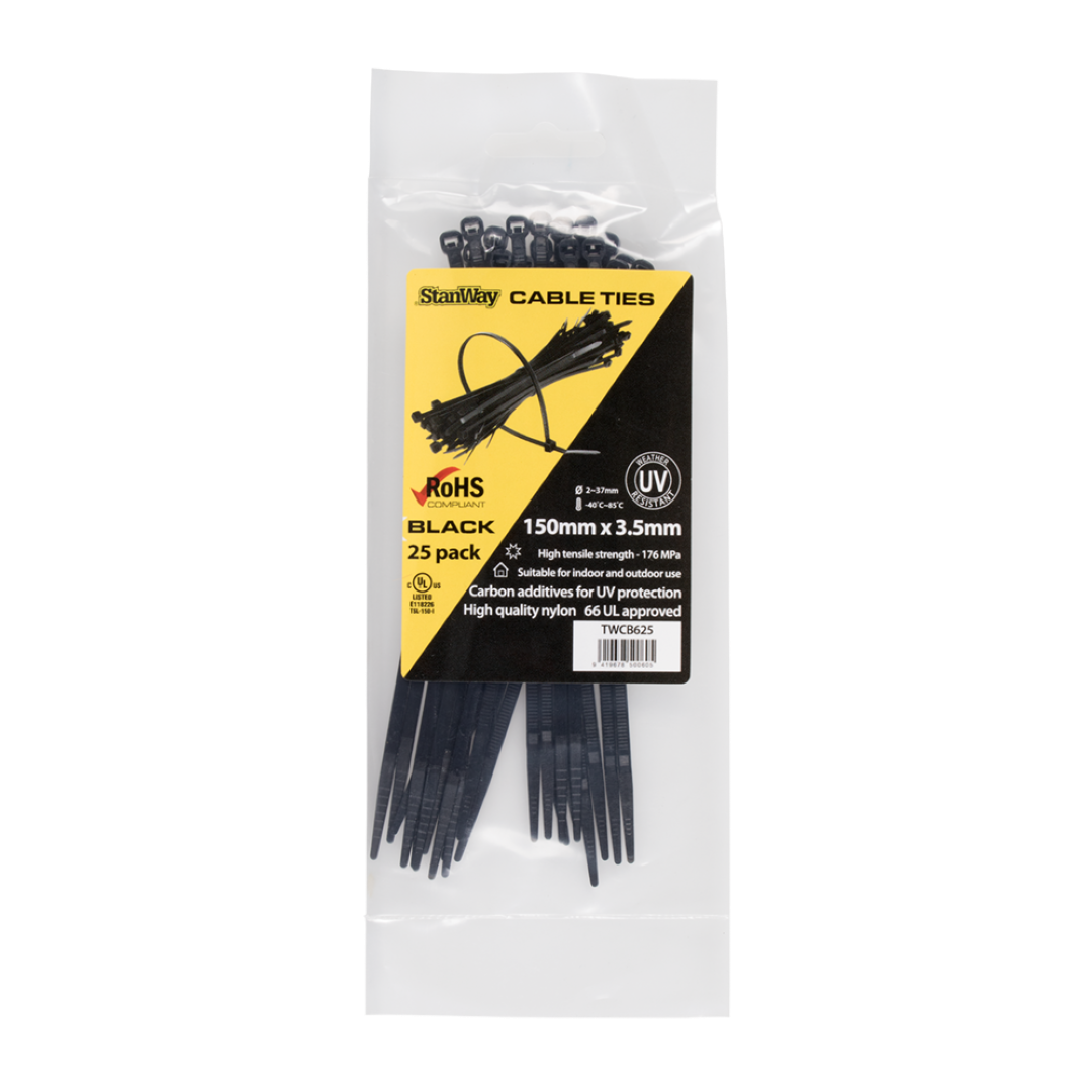 STANWAY UV Black Cable Ties (150mm) - 25 pack, durable nylon, UV resistant, high tensile strength for indoor/outdoor bundling.