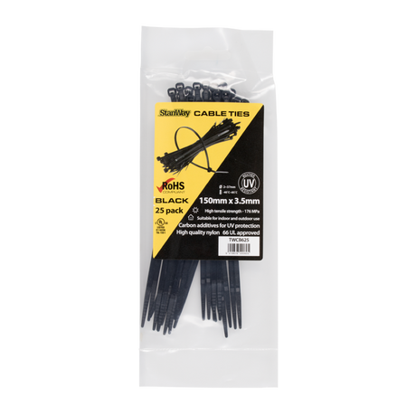 STANWAY UV Black Cable Ties (150mm) - 25 pack, durable nylon, UV resistant, high tensile strength for indoor/outdoor bundling.