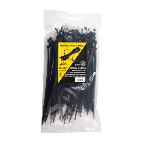 STANWAY UV Black Cable Tie pack featuring 100 durable, high-strength ties, ideal for indoor and outdoor organizing tasks.