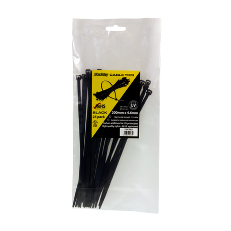 STANWAY UV Black Cable Tie Pack: 25 durable ties (200mm x 4.6mm) for reliable indoor/outdoor bundling and organizing.