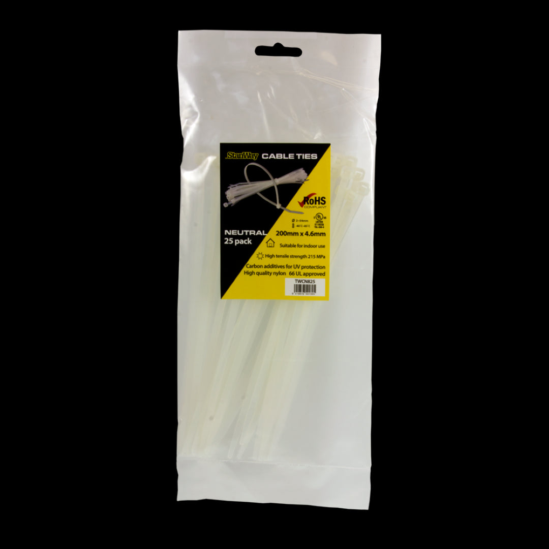 STANWAY 25-pack of natural nylon cable ties, 200mm x 4.6mm, ideal for organizing, bundling, and securing various items indoors.