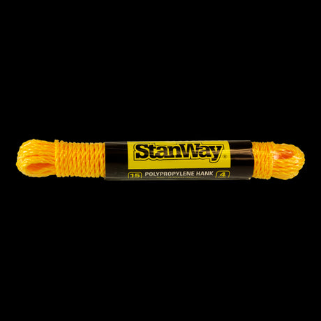 Bright yellow 15m x 4mm polypropylene rope, UV-stabilized, strong, lightweight, waterproof; ideal for outdoor and DIY tasks.