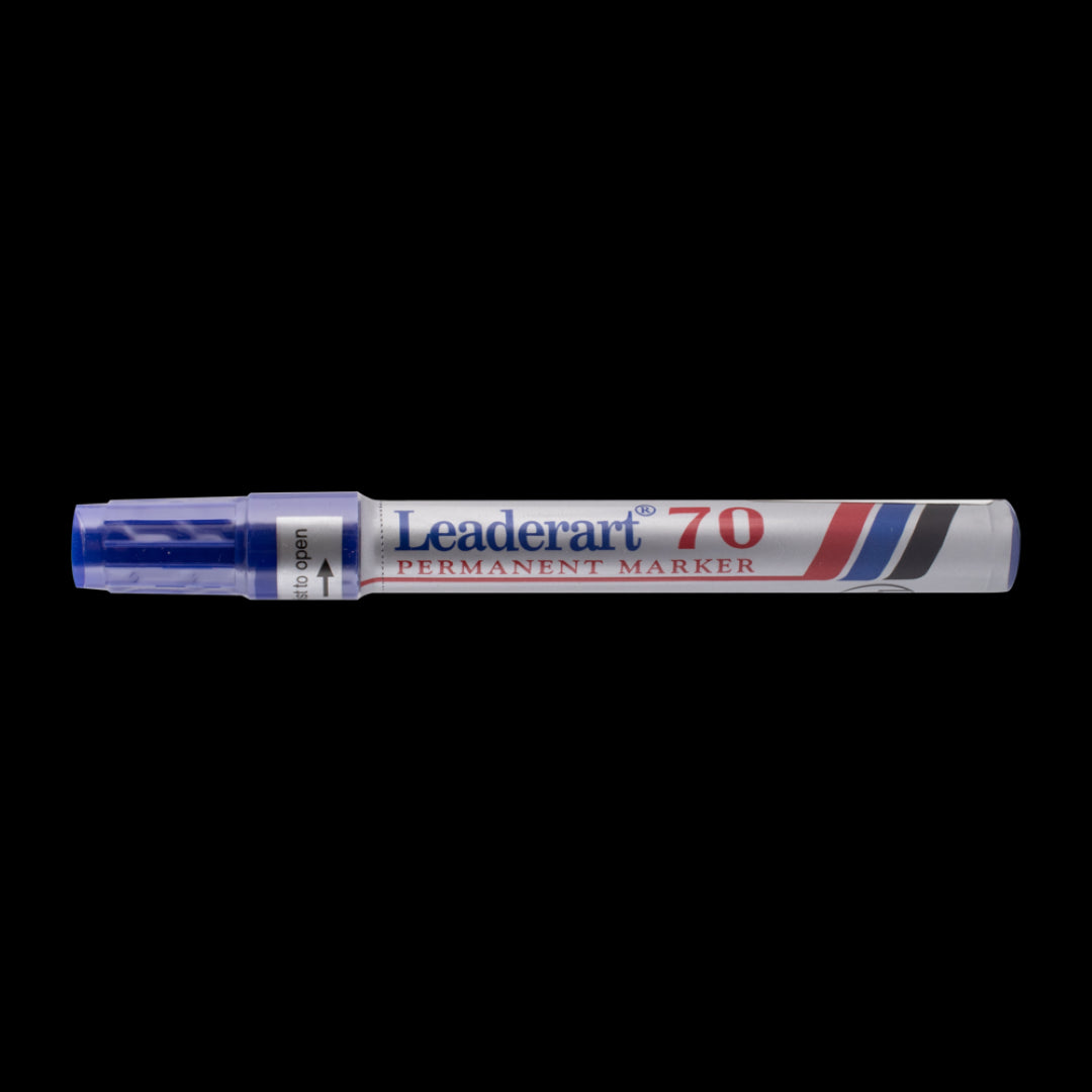 LEADERART Blue Permanent Marker with Fibre Bullet tip for versatile line widths, waterproof ink, and durable on various surfaces.