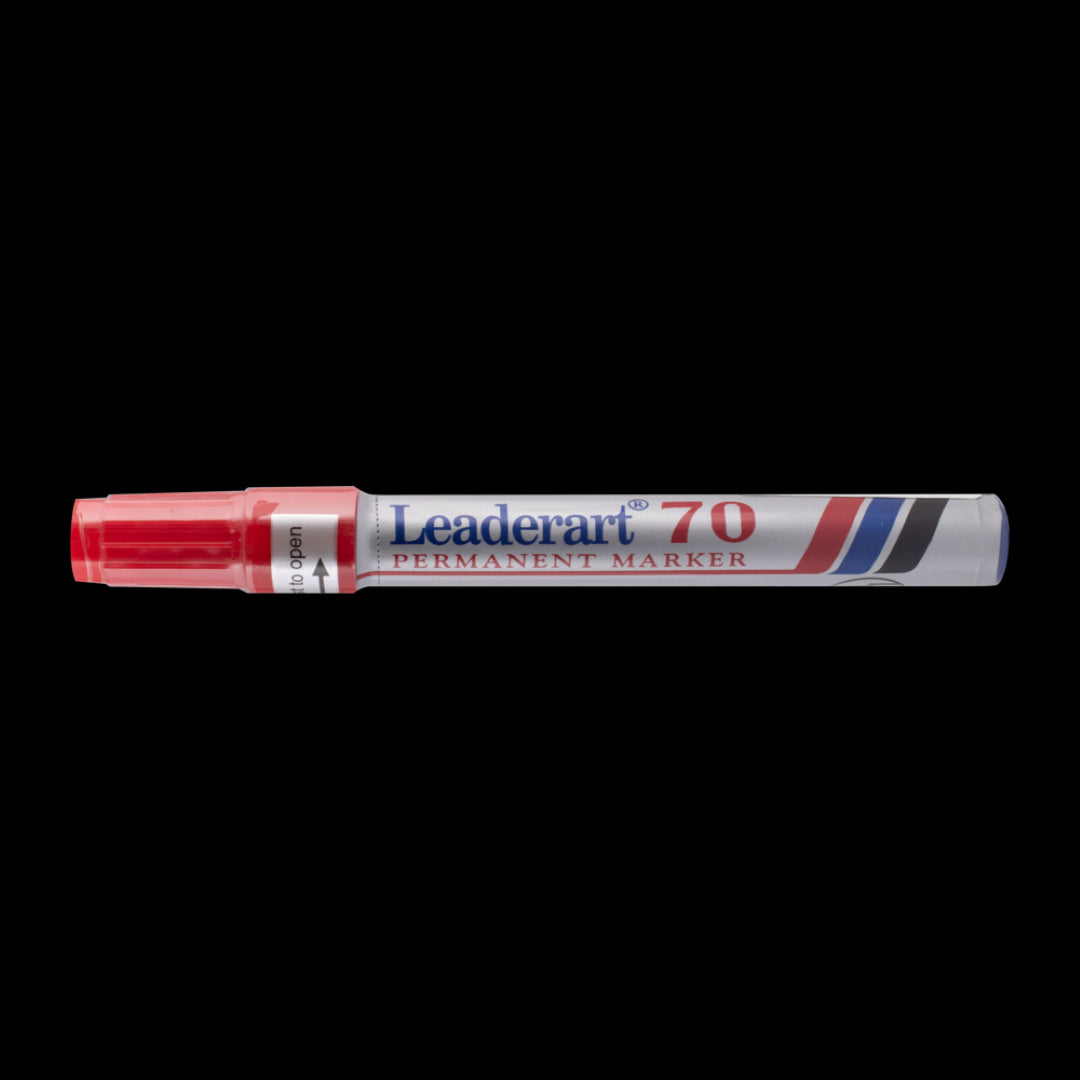 Vibrant LEADERART Red Permanent Marker with Fiber Bullet tip, ideal for durable marks on various surfaces, non-toxic and waterproof.