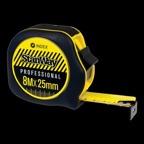 STANWAY Grip Gear Builders Tape: 8m long, 25mm wide, nylon-coated blade with push-down lock and rubberized grip for durability.