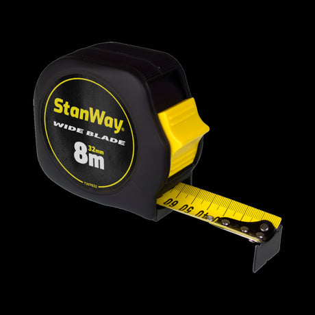 STANWAY Wide Blade Builders Tape with 8m nylon-coated blade, rubberized grip, and push-down lock for accurate measurements.