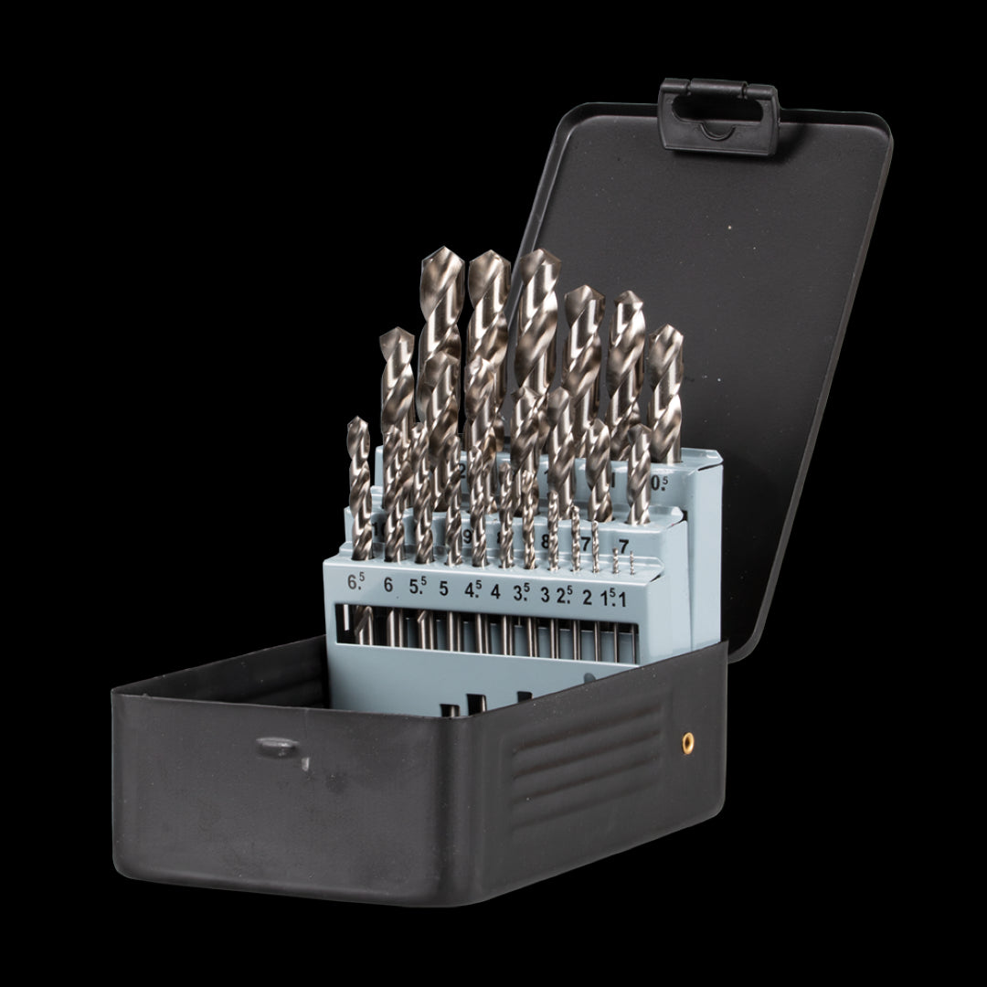 STANWAY 25pc Metric HSS Drill Set featuring high-speed steel bits for precise drilling in wood, plastic, and metals, housed in a steel box.