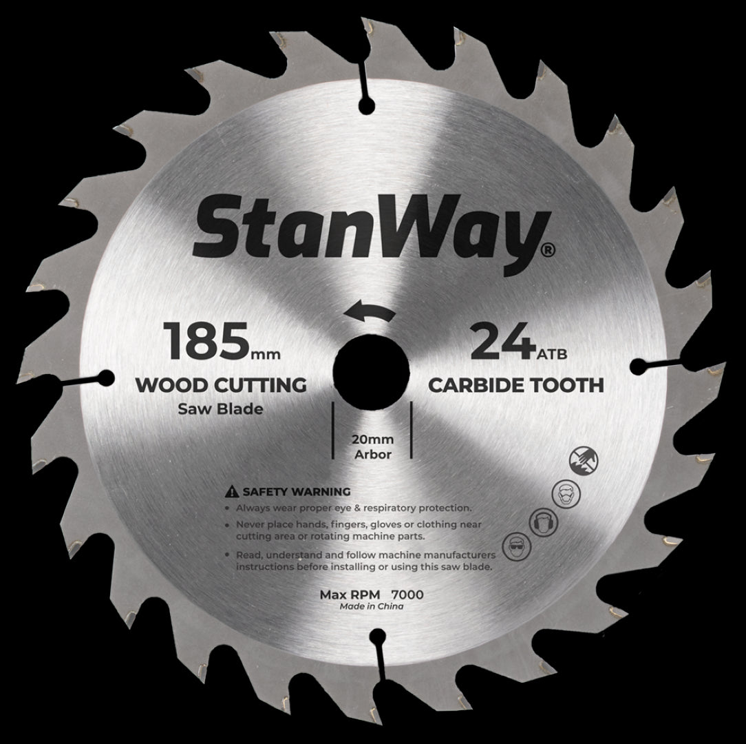 STANWAY 185mm Circular Saw Blade, designed for versatile wood cutting with 24 tungsten carbide-tipped teeth for clean, durable cuts.