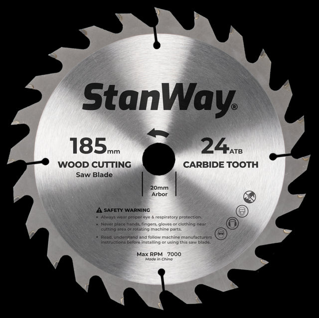 STANWAY 185mm Circular Saw Blade, designed for versatile wood cutting with 24 tungsten carbide-tipped teeth for clean, durable cuts.