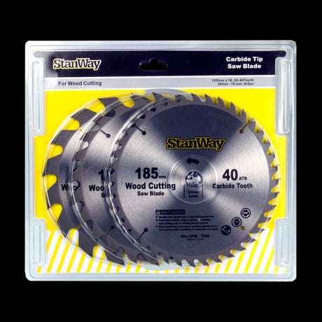 STANWAY 185mm Circular Saw Blade Set, featuring tungsten carbide tips, includes 16, 24, and 40 tooth blades for versatile wood cutting.