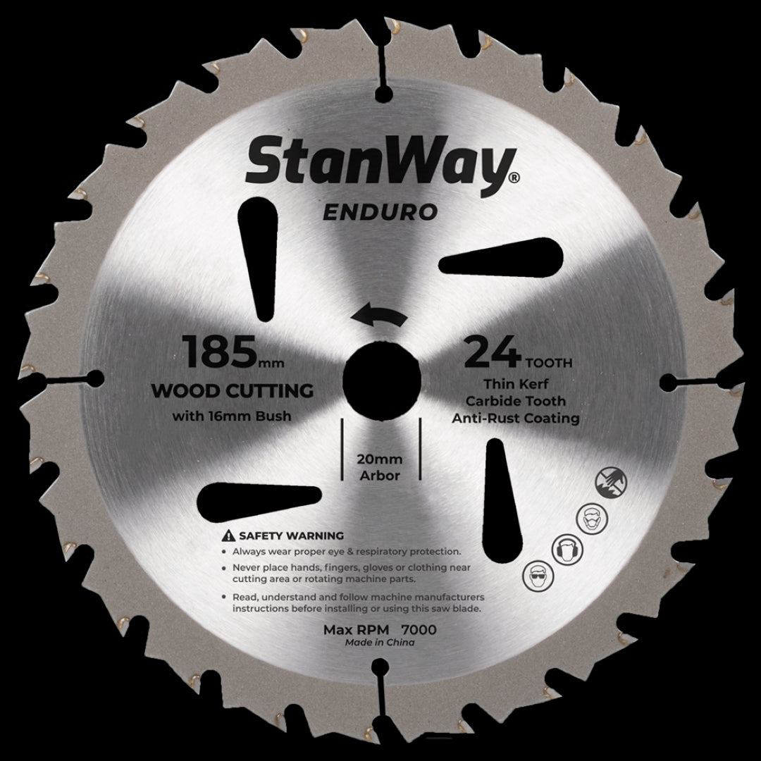 High-performance 185mm circular saw blade with tungsten carbide tips, 24 ATB teeth for precision cuts in various woods and composites.