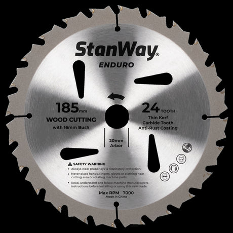 High-performance 185mm circular saw blade with tungsten carbide tips, 24 ATB teeth for precision cuts in various woods and composites.