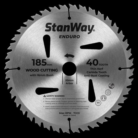 STANWAY 185mm Enduro Circular Saw Blade with tungsten carbide teeth, ideal for precise wood cutting in various materials.