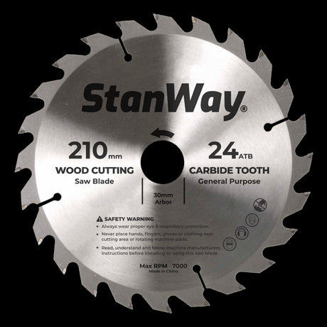 STANWAY 210mm Circular Saw Blade with tungsten carbide teeth, designed for precise wood cutting in various materials.