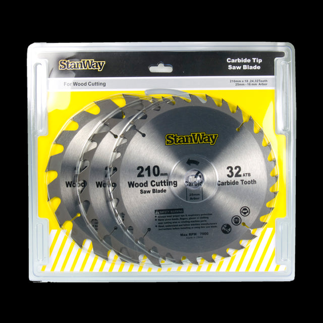 STANWAY 210mm Circular Saw Blade Set featuring tungsten carbide-tipped teeth; includes 18, 24, and 32-tooth blades for versatile wood cutting.