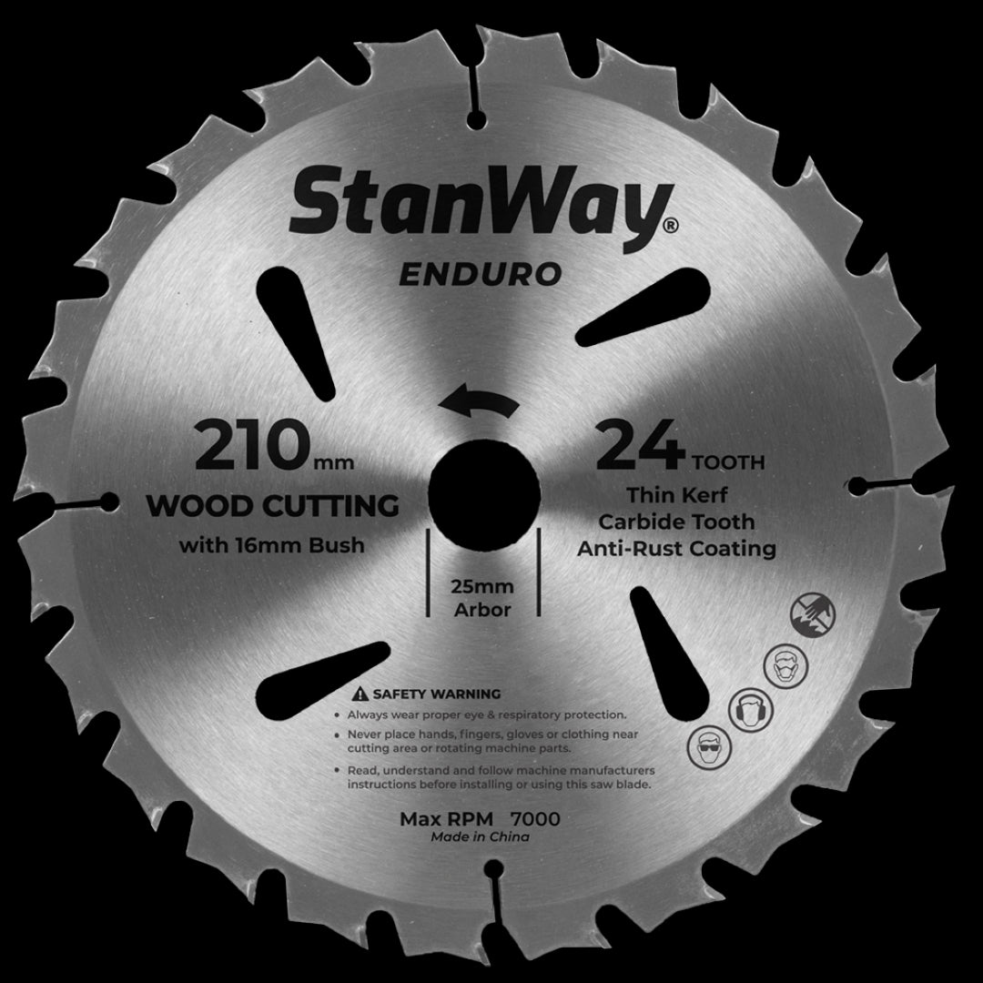 STANWAY 210mm Enduro Circular Saw Blade with 24 tungsten carbide ATB teeth for precise, clean cuts in various woods and MDF.