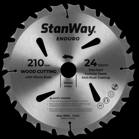 STANWAY 210mm Enduro Circular Saw Blade with 24 tungsten carbide ATB teeth for precise, clean cuts in various woods and MDF.