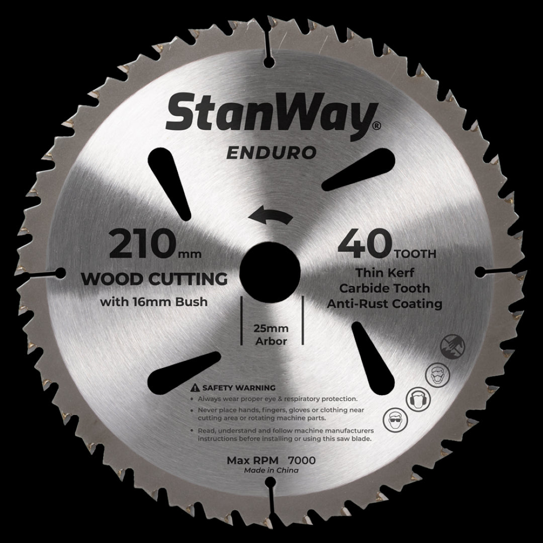 STANWAY 210mm Enduro Circular Saw Blade with tungsten carbide teeth, ideal for precise wood cutting in various materials.