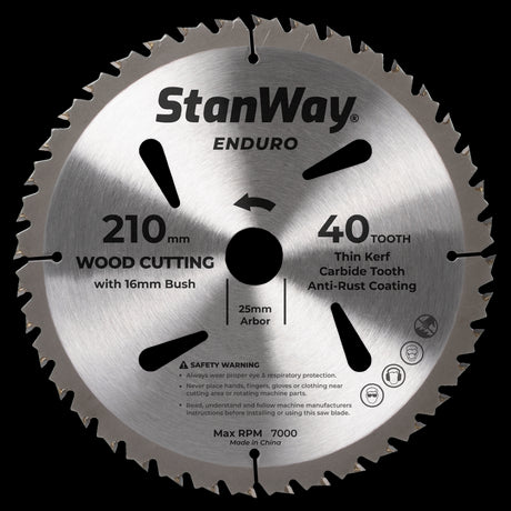 STANWAY 210mm Enduro Circular Saw Blade with tungsten carbide teeth, ideal for precise wood cutting in various materials.