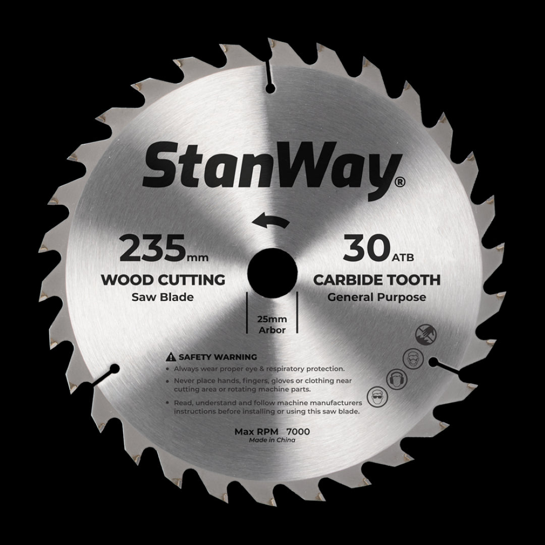 STANWAY 235mm Circular Saw Blade for precise wood cutting, featuring tungsten carbide-tipped teeth for durability and sharpness.