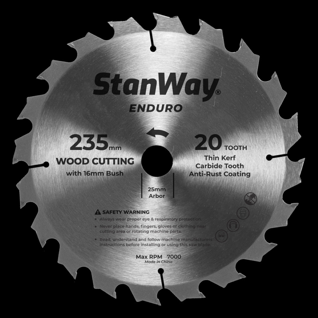 STANWAY 235mm Enduro Circular Saw Blade with tungsten carbide teeth for precise cuts in hardwood, softwood, MDF, and plywood.