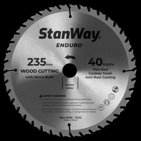 STANWAY 235mm Enduro Circular Saw Blade featuring tungsten carbide teeth, designed for precision cutting of various wood types.