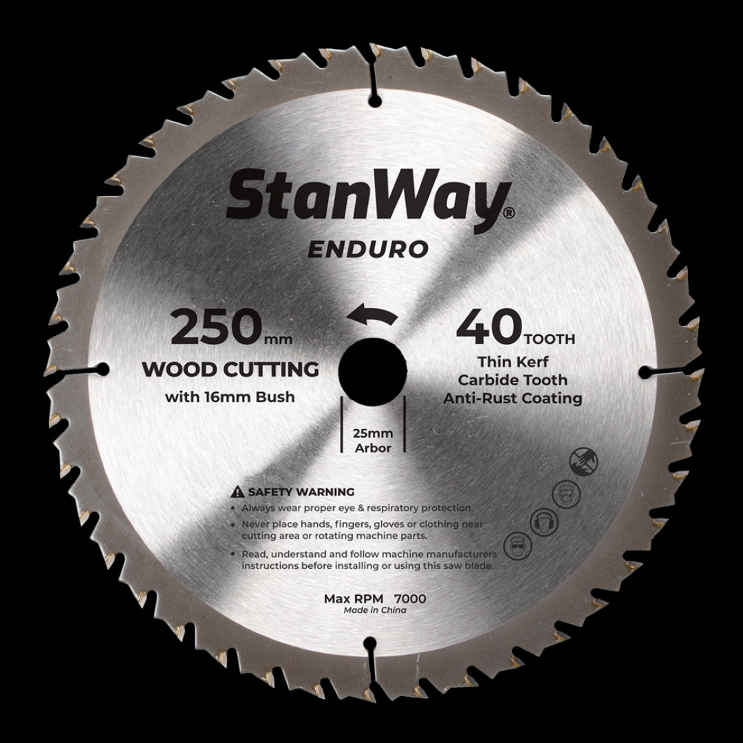 Durable 250mm circular saw blade with tungsten carbide tips for precise wood cutting in professional and DIY applications.