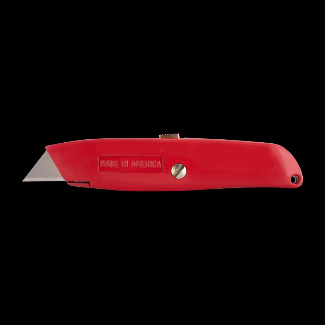 US BLADE Utility Knife in red with 3 heavy-duty blades, lightweight handle, and adjustable blade for versatile cutting tasks.