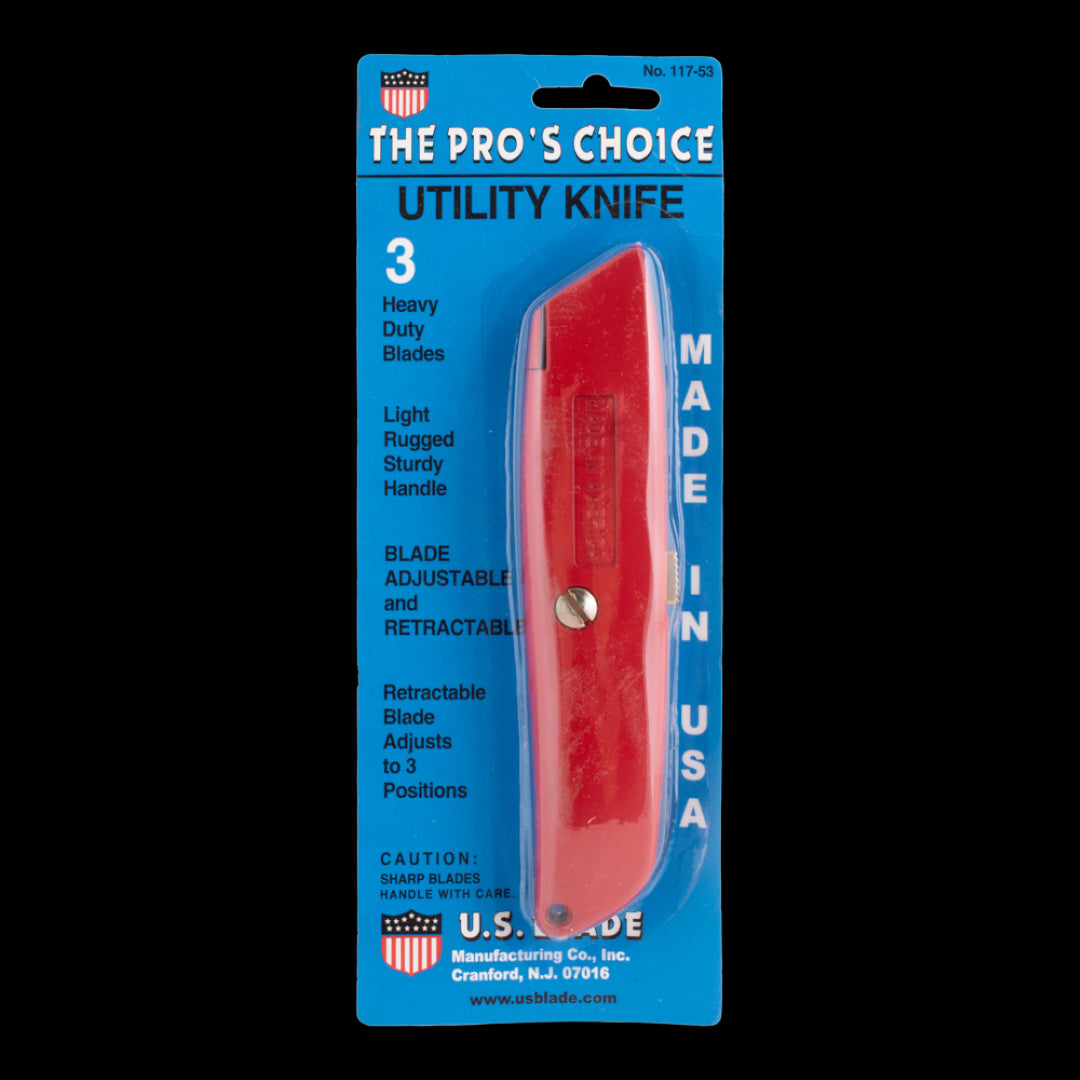 US BLADE Utility Knife in red with three heavy-duty blades, adjustable retractable design, and convenient storage.