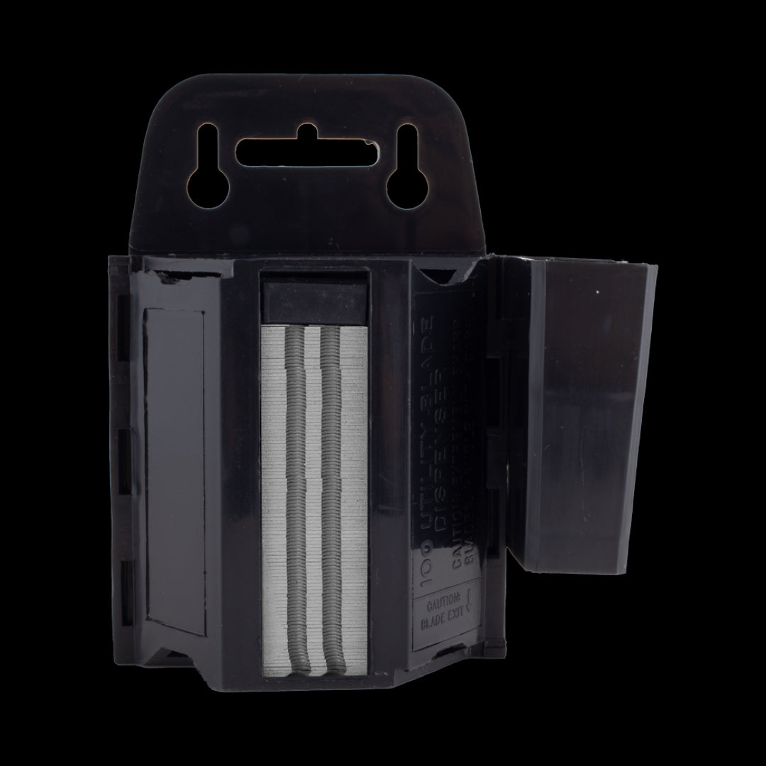 US BLADE Utility Blade Dispenser with 100 heavy-duty blades, featuring a slide-out access and top-loading disposal system.