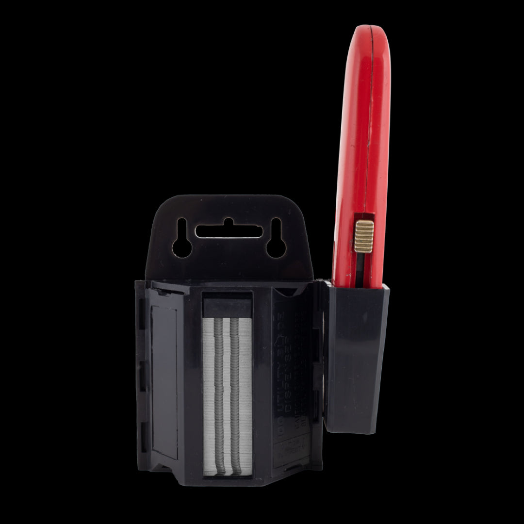 Wall-mountable US BLADE Utility Blade Dispenser with 100 heavy-duty blades for organized and safe cutting tasks.