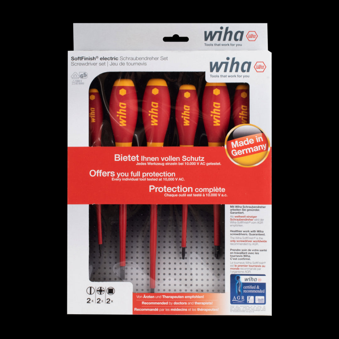 6-piece WIHA SoftFinish® Electric Screwdriver Set, ergonomic design, insulated, durable steel, ideal for professionals and DIY tasks.